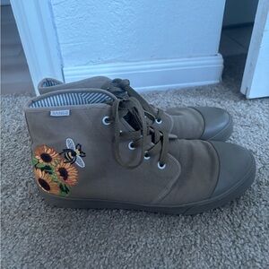 BANGS Olive Green High Top Sneakers with Sunflower & Bee Embroidery